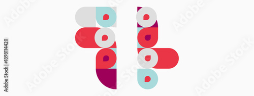Abstract design features colorful overlapping circles. Pink, red, teal, gray hues create playful composition. Minimalist style, modern aesthetic.