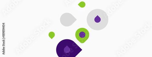 Abstract shapes, purple, green, gray dots scattered across white background. Minimalist design, simple composition, modern aesthetic.