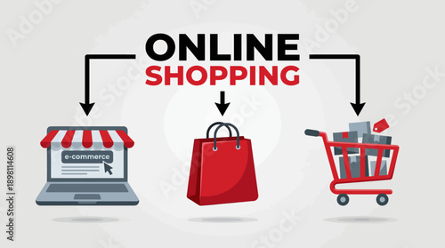 Online Shopping E-commerce Concept Diagram. Digital Retail Flow with Laptop, Shopping Bag, and Cart Icons.