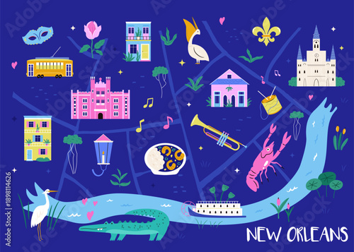 Illustrated Map of New Orleans, Louisiana – Jazz, Mardi Gras and Cultural Landmarks  