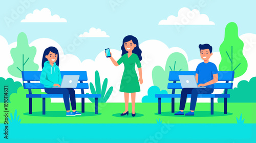 Remote Work in Park Illustration. Digital Nomads using Laptops and Smartphone Outdoors, showing freelance lifestyle and connectivity.