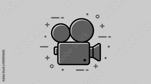 Minimalist Retro Film Camera Icon Illustration. Video Production and Cinema Symbol in Grayscale.