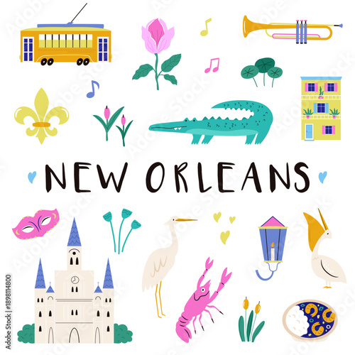 New Orleans Symbols Poster with Jazz Music, Mardi Gras, Architecture and Local Food. Cute Flat Vector Illustration