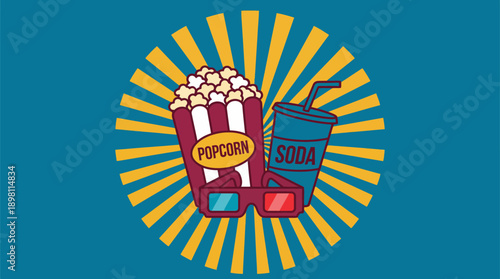 Retro Cinema Combo: Popcorn, Soda, and 3D Glasses Illustration. Vintage Movie Night Iconography with Teal and Gold Sunburst Background.