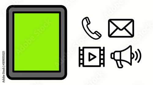 Tablet Device Mockup with Green Screen and Outline Communication Icons (Phone, Email, Video, Marketing) for App and Ad Presentation