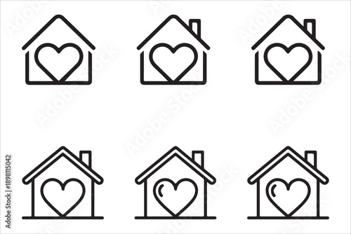 Set of house icons with heart inside symbolizing home love family and safe living environment