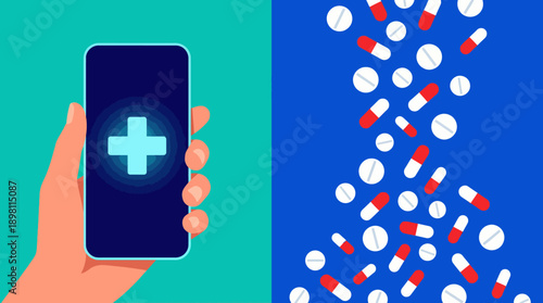 Telehealth App and Online Pharmacy: Hand holding smartphone with glowing medical cross near falling pills and capsules. Digital health and medication management illustration.
