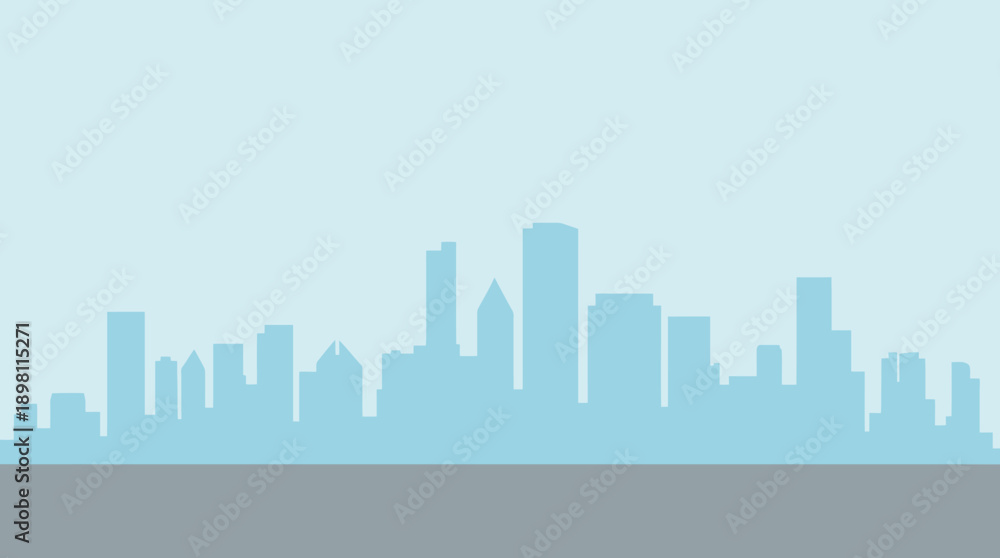 Obraz premium Minimalist Blue City Skyline Silhouette. Flat Design Urban Landscape Background with Ample Copy Space