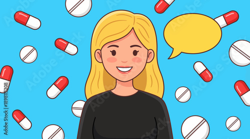 Cartoon Woman Giving Health Advice or Talking About Pills. Vector Illustration of Medication, Pharmacy, and Wellness Concept with Speech Bubble.