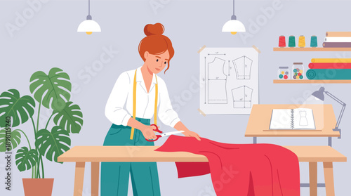 Vector illustration of a female tailor or seamstress cutting fabric on a table, for website, marketing, or presentation, isolated on transparent background, png