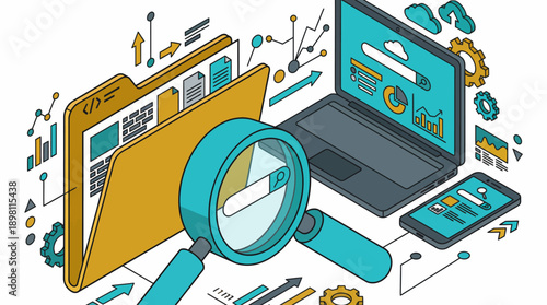 Isometric SEO Data Search and File Management. Digital Analysis Workflow with Laptop and Magnifying Glass Illustration.