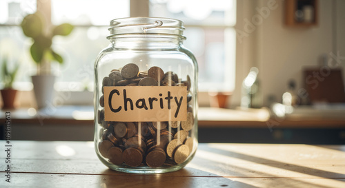 Charity Donation Jar – Glass Container Filled with Coins on Wooden Table for Fundraising Concepts and Philanthropy Campaigns
