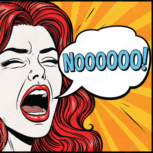 Comic pop art woman screaming in shock or surprise, speech bubble with NOOOOO!, vector illustration for poster, banner or social media