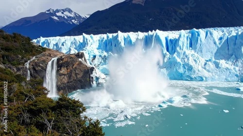 Spectacular glacier calving event with ice falling into the turquoise water, mountains in background.