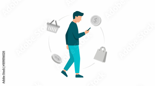 Mobile Shopping and Digital Commerce Illustration. Man using Smartphone for Online Purchase with Rotating E-commerce Icons: Basket, Bag, and Coin.