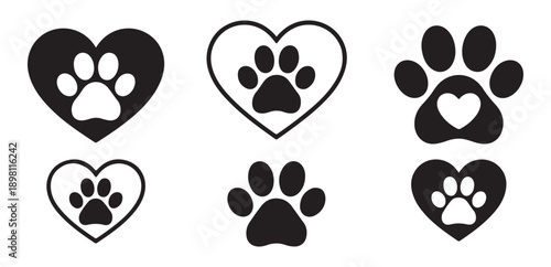 Set of black paw print and heart icons, animal footprint love symbol vector illustration
