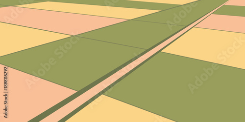 Agricultural path aerial silhouette illustration. Narrow path cutting diagonally through flat field planes. Rectangular fields with subtle tonal depth. Calm elevated farmland structure scene.
