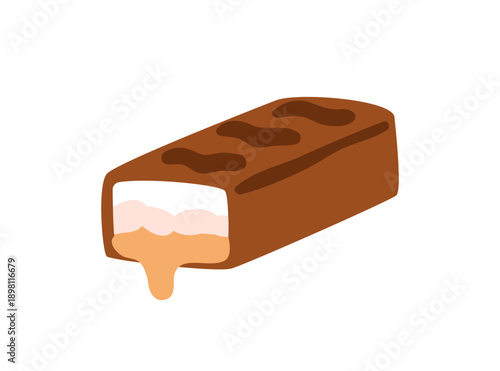 Chocolate candy bar. Cut piece, choco coated chunk with cream, nougat and salted caramel filling, dripping inside. Sweet confectionery, treat. Flat vector illustration isolated on white background