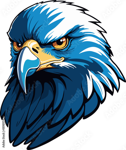 Vector illustration of a stylized eagle in shades of blue and light blue, with a determined gaze and a modern design. Ideal for logos, merchandise, apparel, and visually striking graphic designs.