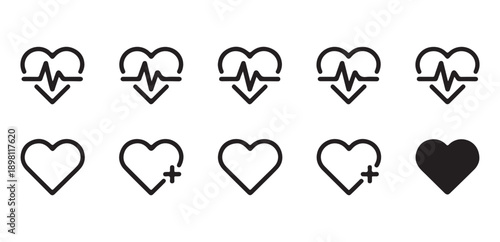 Heartbeat and heart icons variations representing life, health, love, care, wellness, and positive emotions