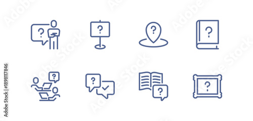 Question mark icon set with various inquiry, confusion and problem-solving symbols, simple outlined collection representing help, doubt, thinking and FAQ on white background flat vector illustration.
