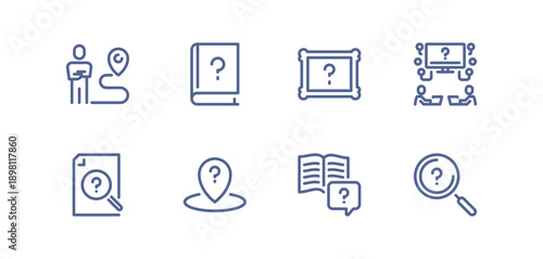 Question mark icon set with various inquiry, confusion and problem-solving symbols, simple outlined collection representing help, doubt, thinking and FAQ on white background flat vector illustration.