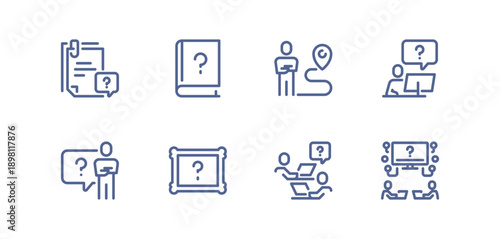 Question mark icon set with various inquiry, confusion and problem-solving symbols, simple outlined collection representing help, doubt, thinking and FAQ on white background flat vector illustration.