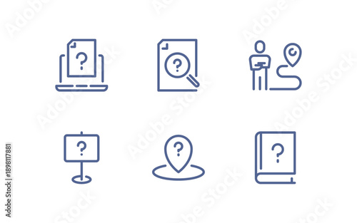 Question mark icon set with various inquiry, confusion and problem-solving symbols, simple outlined collection representing help, doubt, thinking and FAQ on white background flat vector illustration.
