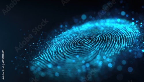 Digitally rendered fingerprint illuminated in blue, showcasing network connections and glowing particles