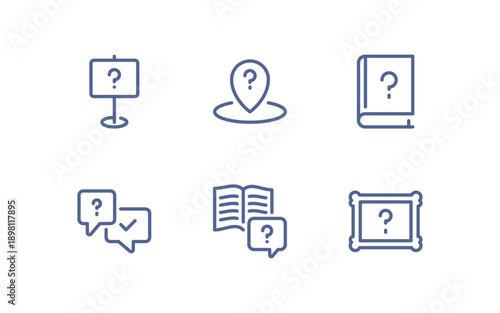 Question mark icon set with various inquiry, confusion and problem-solving symbols, simple outlined collection representing help, doubt, thinking and FAQ on white background flat vector illustration.