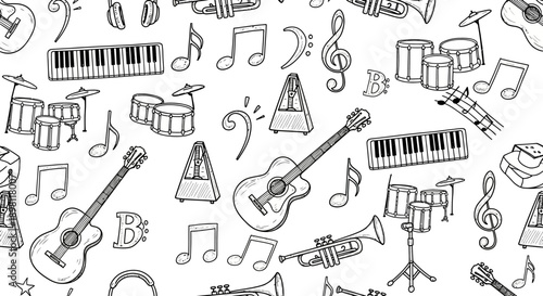 Musical Patterns and Instruments, Creative Doodles, Artistic Design, Whimsical Environment, Fun Concept