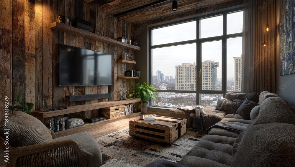Obraz premium Cozy living room with wooden walls, large window, sectional sofa, and a city view