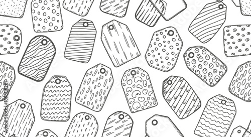 Hand-Drawn Tags with Patterns, Artistic Design, Digital Illustration, Minimalist Background