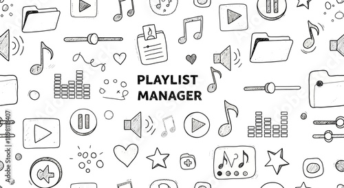 Creative Playlist Manager Design, Music Icons, Digital Art, Graphic Illustration, Vibrant Environment, Top View, Entertainment Concept
