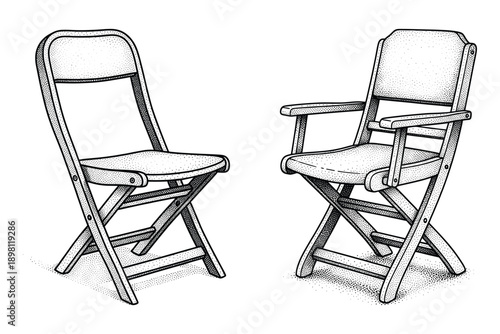 Set of two folding wooden chairs plain and armrest director chair style with stippled shading vector illustration