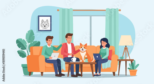 Three people and a dog relax on a couch, using laptops in a cozy living room
