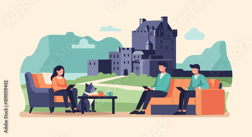 Three people and a dog relax on sofas in front of a castle