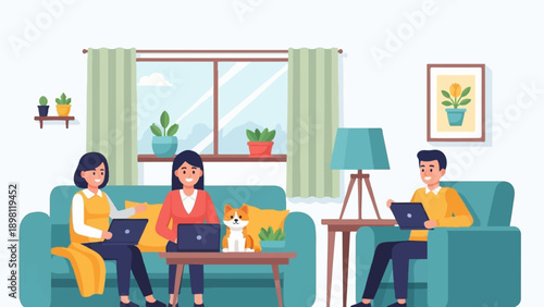 Three people and a dog work on laptops at home with plants and a lamp