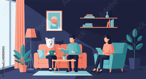 Three people and a dog wearing a mask are in a modern living room using tablets