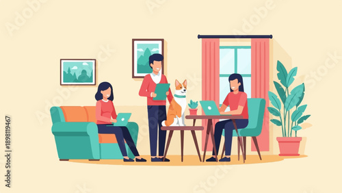 Three people and a dog working remotely in a cozy home setting
