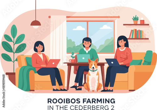 Three people and a dog working remotely with laptops in a cozy home setting