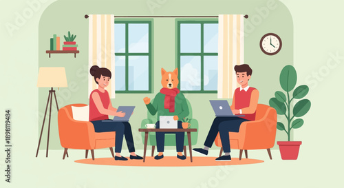 Three people and a dog-headed person working on laptops in a living room