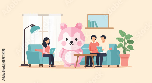 Three people and a plush toy in a cozy living room