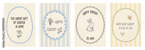 Vintage retro Easter greeting cards with quotes, bunny, flowers and scalloped frames. Hand drawn whimsical vertical banner design with pastel floral elements for holiday cards, nursery art, stationery