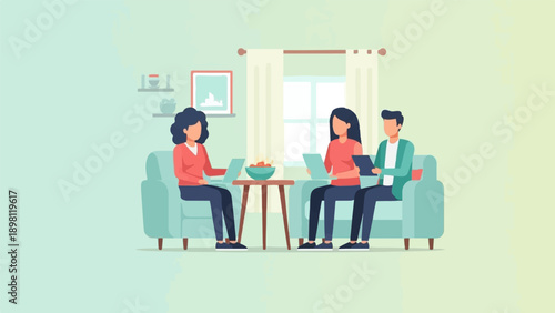 Three people are sitting on a couch, working on laptops and tablets