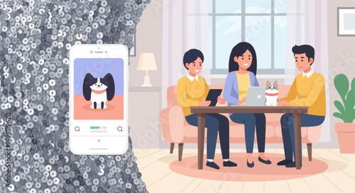 Three people and two pets gathered around a table with a laptop