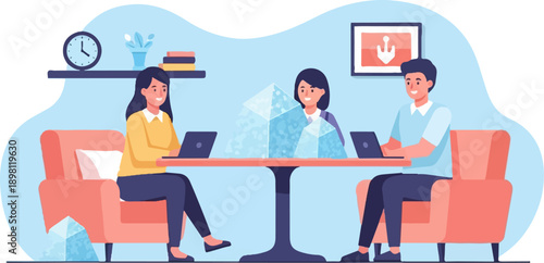 Three people at a table with laptops, surrounded by abstract ice forms