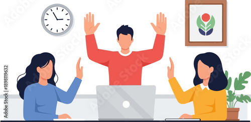 Three people at desks with a laptop, clock, and art