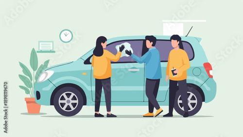 Three people cleaning a light blue car with a cloth