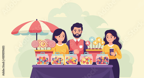 Three people behind a candy stall with lollipops and jars of candy